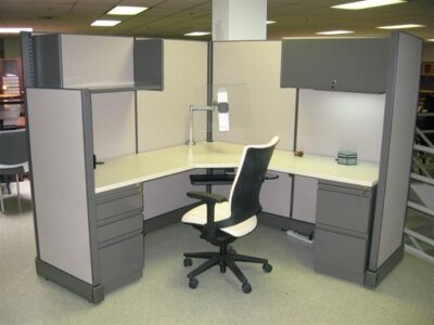 A modular office workstation on display
